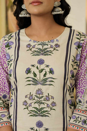 Yellow Floral Print Cotton Kurti Pant Set