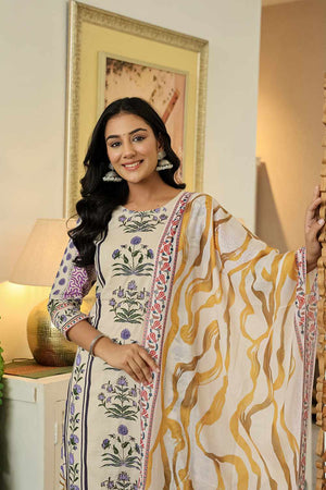 Yellow Floral Print Cotton Kurti Pant Set