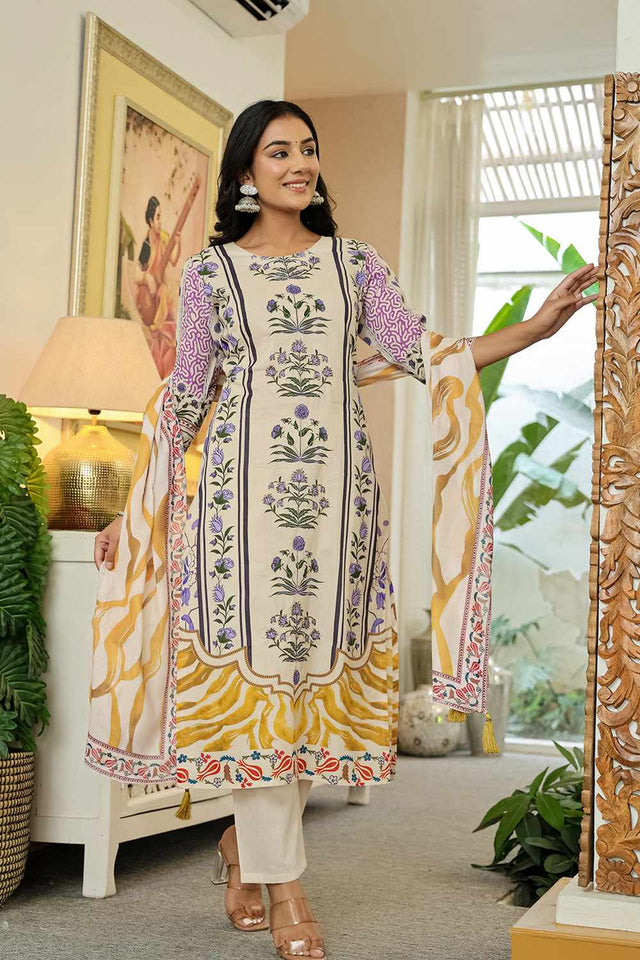 Yellow Floral Print Cotton Kurti Pant Set