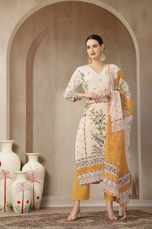 Yellow Floral Printed Cotton Straight Cut Suit Set