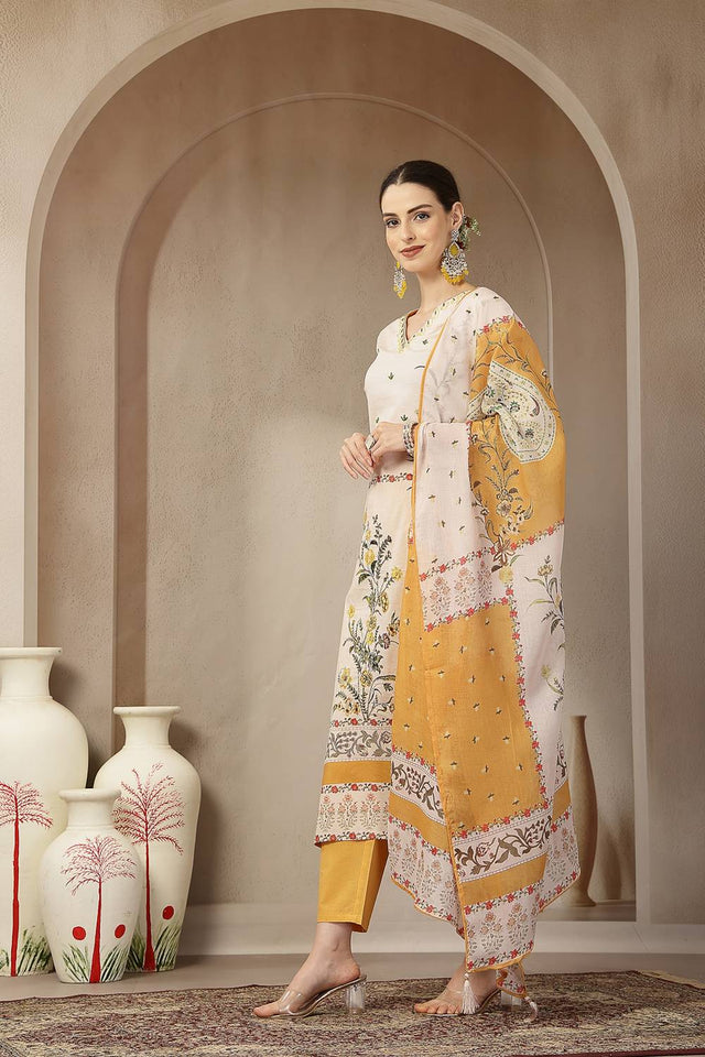 Yellow Floral Printed Cotton Straight Cut Suit Set