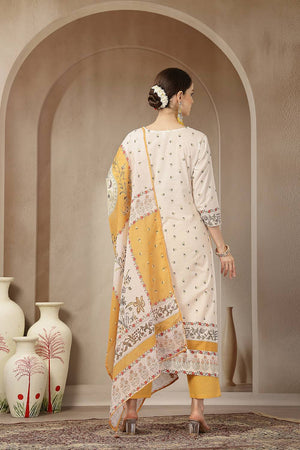 Yellow Floral Printed Cotton Straight Cut Suit Set