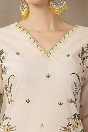 Yellow Floral Printed Cotton Straight Cut Suit Set