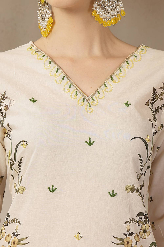 Yellow Floral Printed Cotton Straight Cut Suit Set