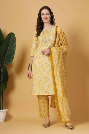 Yellow Floral Printed Cotton Kurti Pant Set