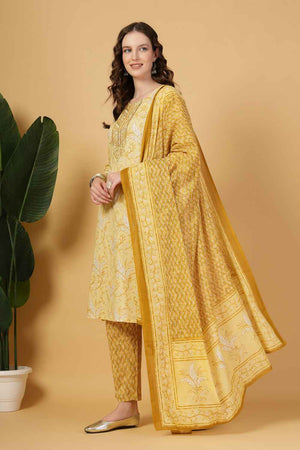 Yellow Floral Printed Cotton Kurti Pant Set