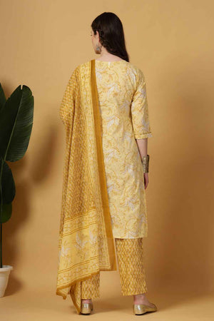 Yellow Floral Printed Cotton Kurti Pant Set
