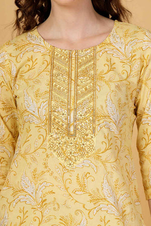 Yellow Floral Printed Cotton Kurti Pant Set