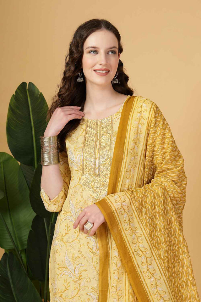 Yellow Floral Printed Cotton Kurti Pant Set