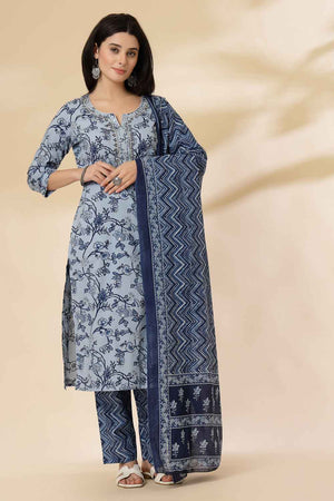 Blue Floral Printed Cotton Kurti Pant Set