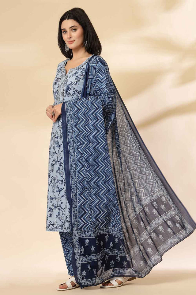 Blue Floral Printed Cotton Kurti Pant Set