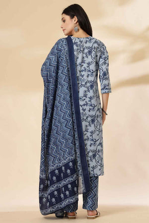 Blue Floral Printed Cotton Kurti Pant Set