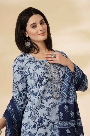 Blue Floral Printed Cotton Kurti Pant Set