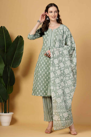 Turquoise Floral Printed Cotton Kurti Pant Set