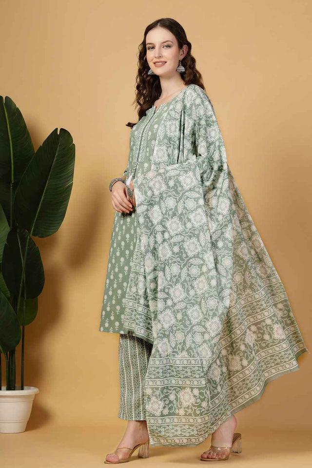 Turquoise Floral Printed Cotton Kurti Pant Set