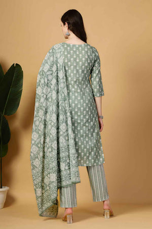 Turquoise Floral Printed Cotton Kurti Pant Set