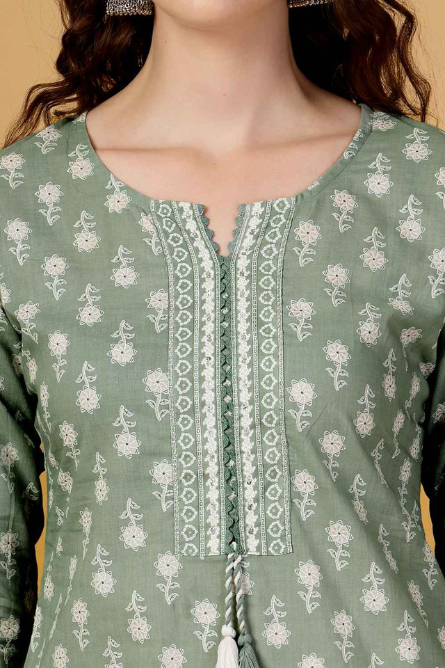 Turquoise Floral Printed Cotton Kurti Pant Set