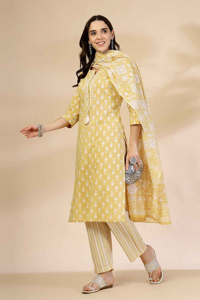 Yellow Floral Printed Cotton Kurti Pant Set
