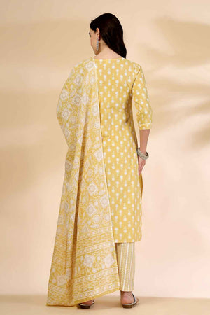Yellow Floral Printed Cotton Kurti Pant Set