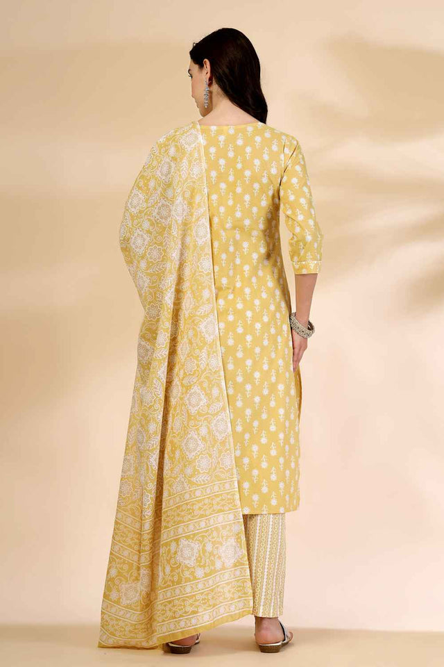 Yellow Floral Printed Cotton Kurti Pant Set