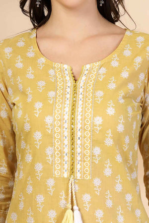 Yellow Floral Printed Cotton Kurti Pant Set