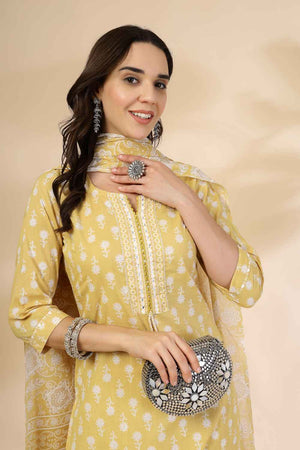 Yellow Floral Printed Cotton Kurti Pant Set