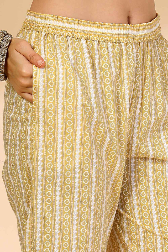 Yellow Floral Printed Cotton Kurti Pant Set