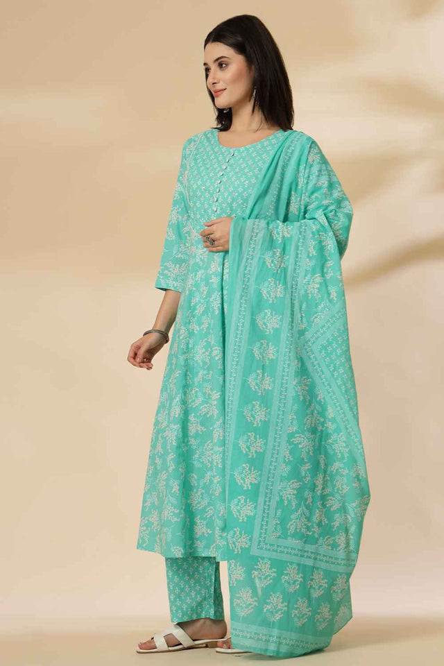Turquoise Floral Printed Cotton Anarkali Suit Set