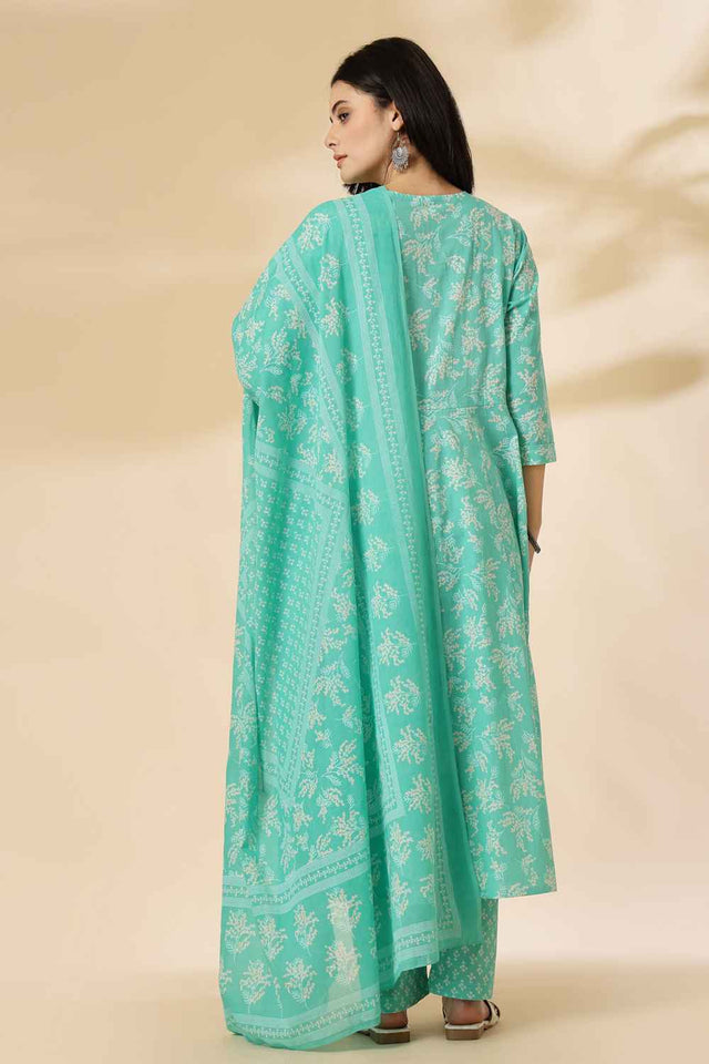 Turquoise Floral Printed Cotton Anarkali Suit Set