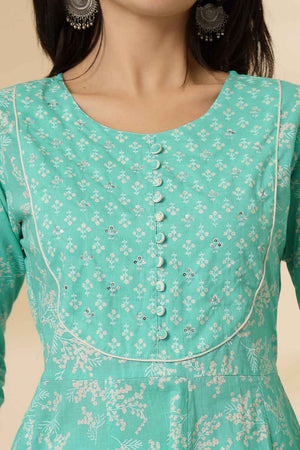 Turquoise Floral Printed Cotton Anarkali Suit Set