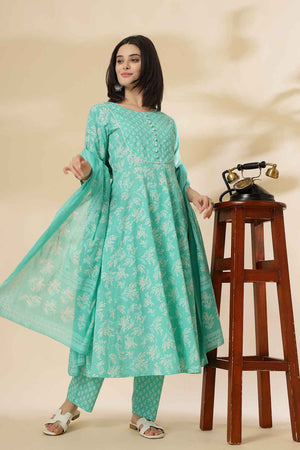Turquoise Floral Printed Cotton Anarkali Suit Set