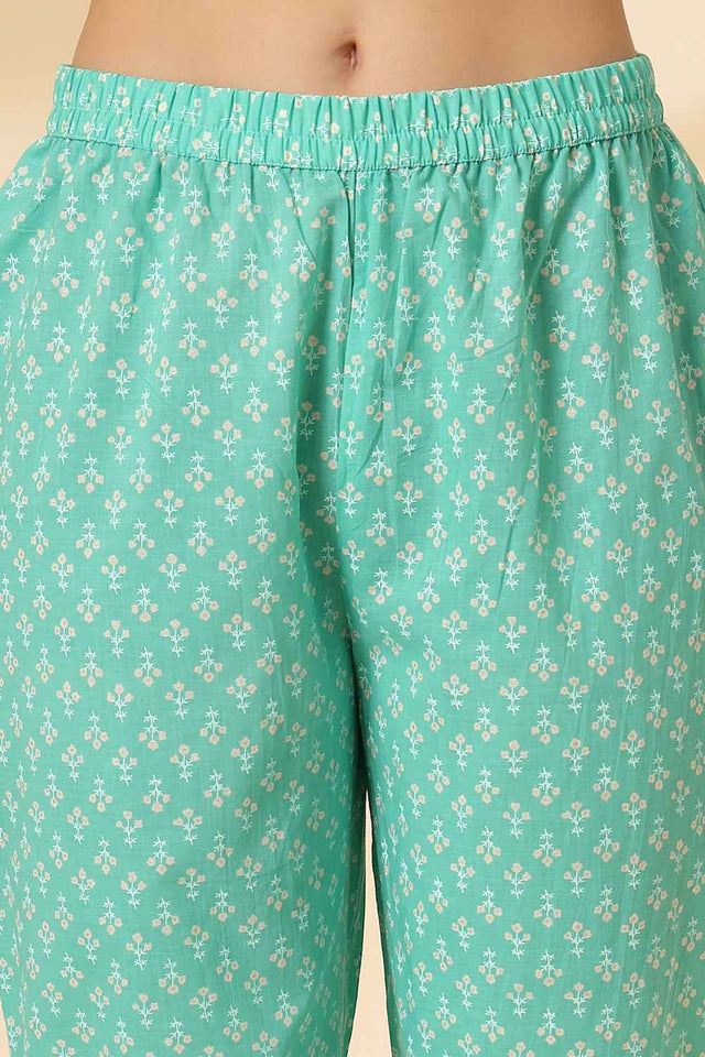 Turquoise Floral Printed Cotton Anarkali Suit Set