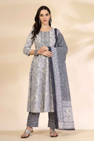 Grey Floral Printed Cotton Anarkali Suit Set