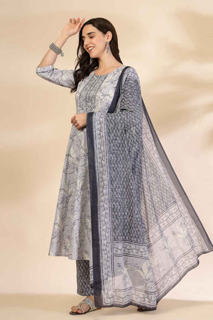 Grey Floral Printed Cotton Anarkali Suit Set