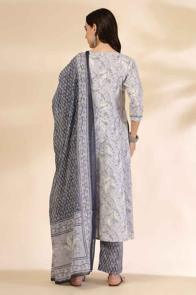 Grey Floral Printed Cotton Anarkali Suit Set