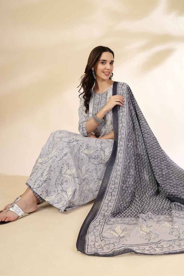 Grey Floral Printed Cotton Anarkali Suit Set