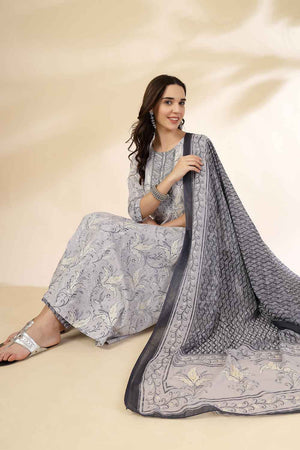 Grey Floral Printed Cotton Anarkali Suit Set