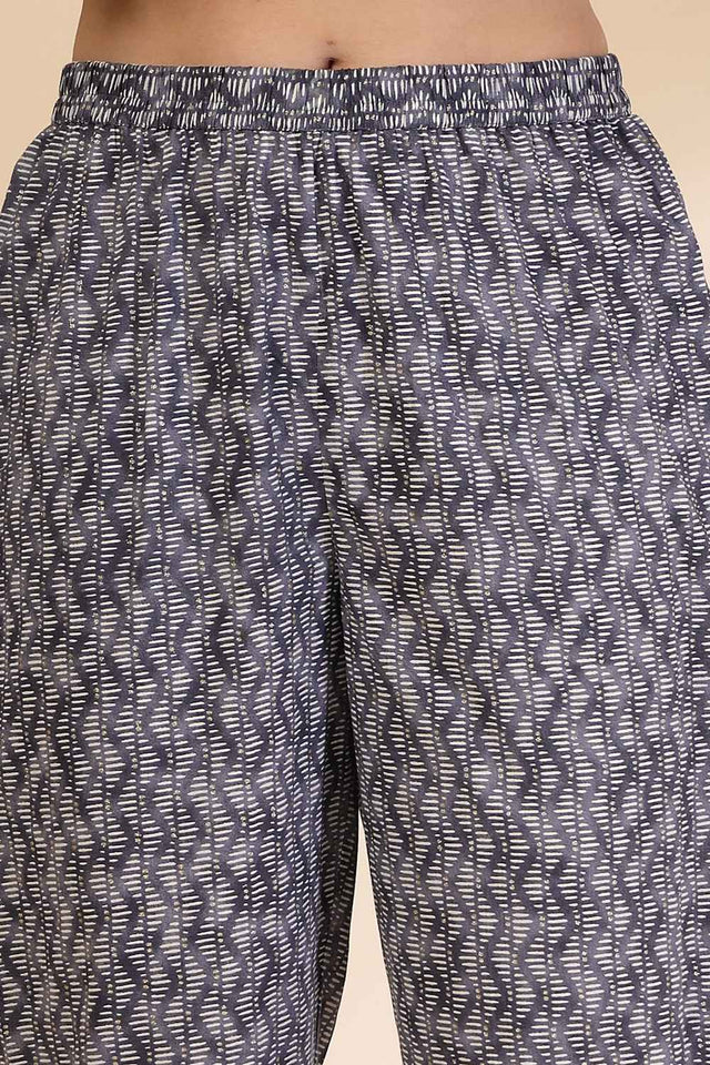 Grey Floral Printed Cotton Anarkali Suit Set