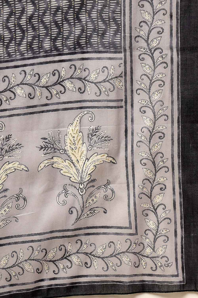 Grey Floral Printed Cotton Anarkali Suit Set