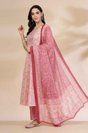 Pink Floral Printed Cotton Anarkali Suit Set