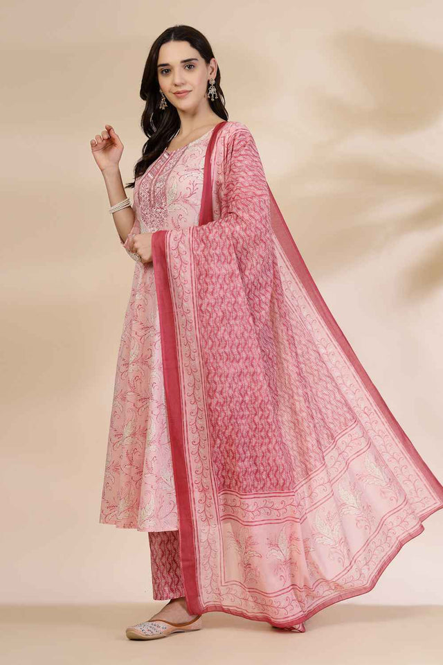 Pink Floral Printed Cotton Anarkali Suit Set