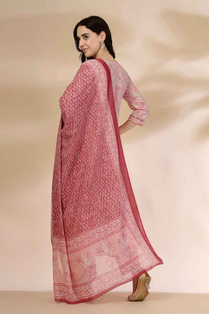 Pink Floral Printed Cotton Anarkali Suit Set