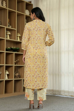 Yellow Floral Printed Cotton Straight Cut Suit Set