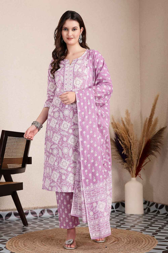 Violet Floral Printed Cotton Kurti Pant Set