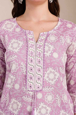 Violet Floral Printed Cotton Kurti Pant Set