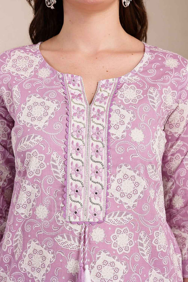 Violet Floral Printed Cotton Kurti Pant Set