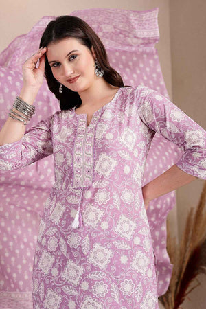 Violet Floral Printed Cotton Kurti Pant Set
