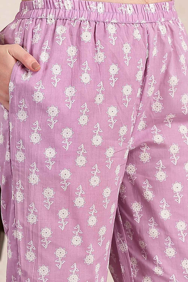 Violet Floral Printed Cotton Kurti Pant Set