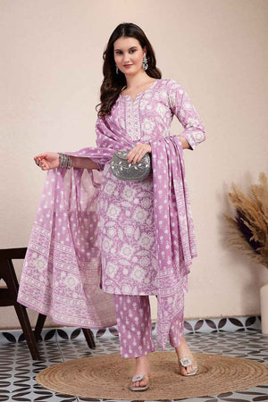 Violet Floral Printed Cotton Kurti Pant Set