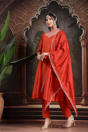Orange Embroidery Silk Blend Kurti Pant Set